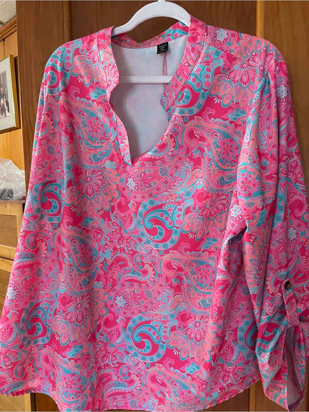 Shein Coral And Teal Paisley Split-Neck Tunic